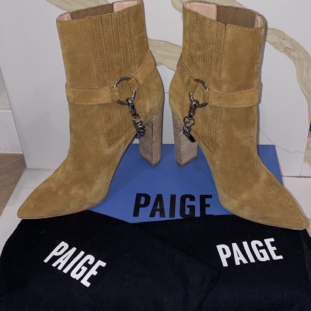 Paige London Camel Suede Boots with Silver buckle + chain link that is removable